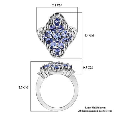 Tanzanite and White Zircon 2.56 ctw Ring in Platinum Over Sterling Silver (Size 8.0)