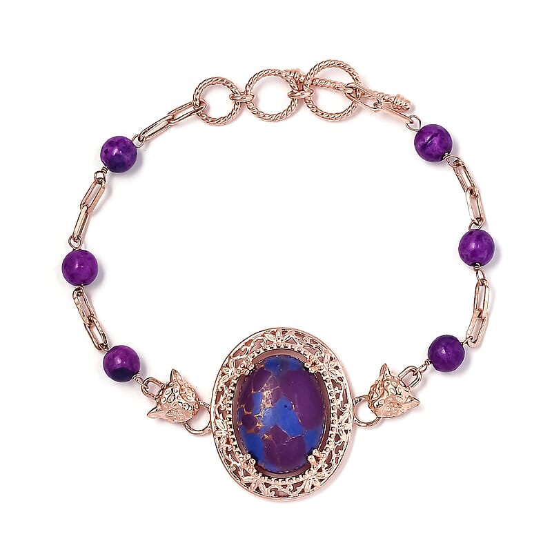 Karis Mojave Purple Turquoise Paper Clip Chain Toggle Clasp Adjustable Bracelet in 18K RG Plated (6.50-8.50In) 21.35 ctw