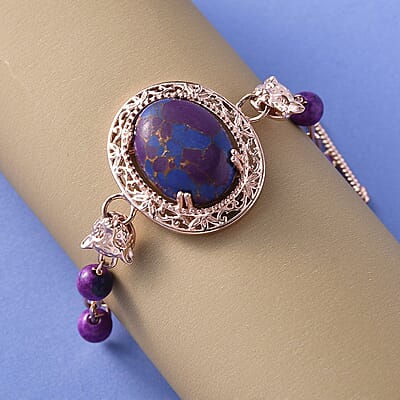 Karis Mojave Purple Turquoise Paper Clip Chain Toggle Clasp Adjustable Bracelet in 18K RG Plated (6.50-8.50In) 21.35 ctw