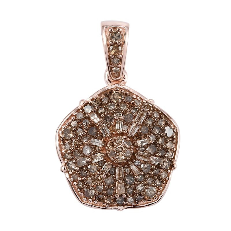 Natural Champagne Diamond Floral Pendant in Rhodium and Vermeil Rose Gold Over Sterling Silver 1.00 ctw