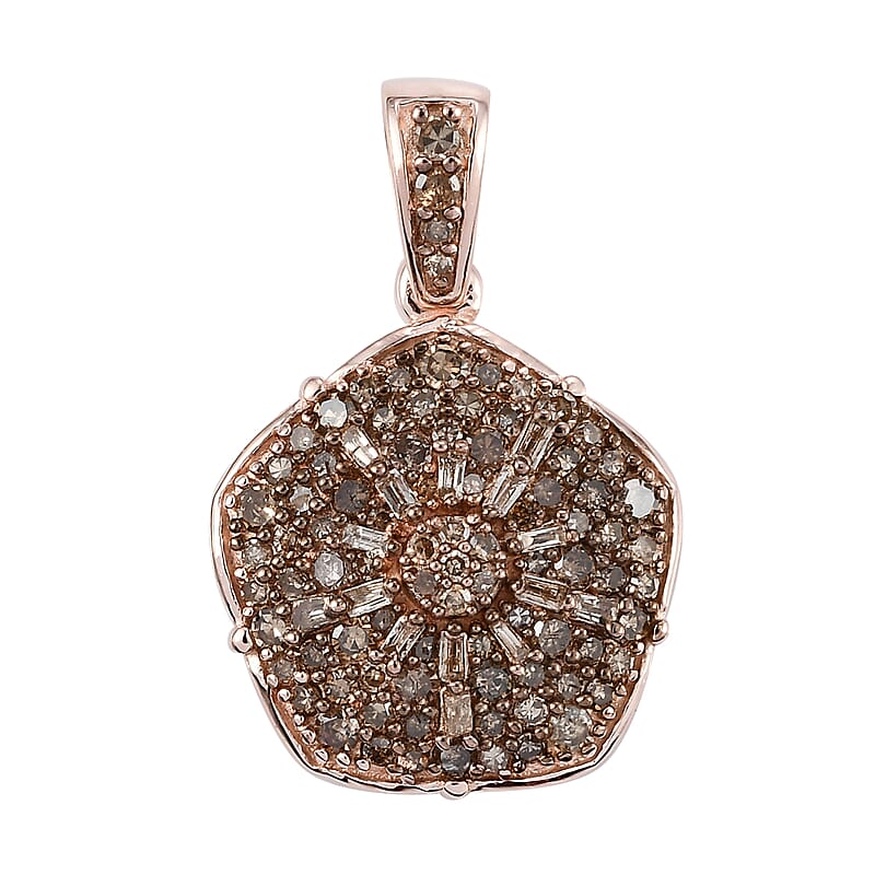 Natural Champagne Diamond Floral Pendant in Rhodium and Vermeil Rose Gold Over Sterling Silver 1.00 ctw