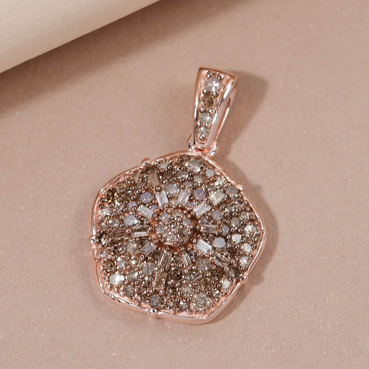 Natural Champagne Diamond Floral Pendant in Rhodium and Vermeil Rose Gold Over Sterling Silver 1.00 ctw image number 1