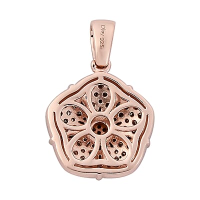Natural Champagne Diamond Floral Pendant in Rhodium and Vermeil Rose Gold Over Sterling Silver 1.00 ctw