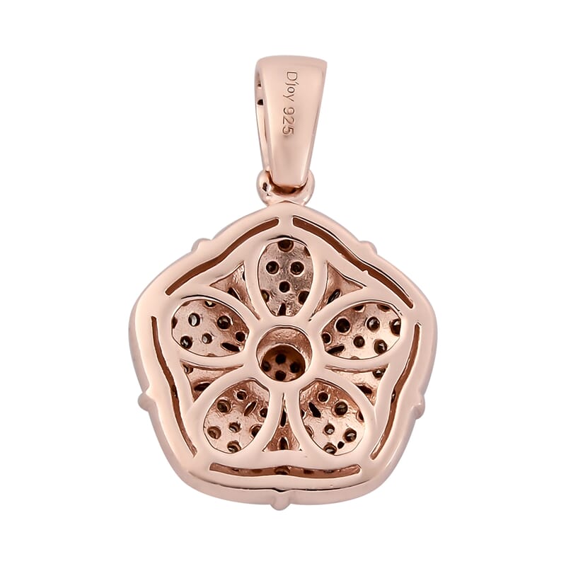 Natural Champagne Diamond Floral Pendant in Rhodium and Vermeil Rose Gold Over Sterling Silver 1.00 ctw