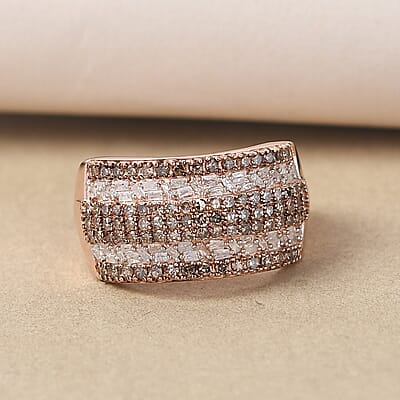 Natural Champagne and White Diamond Band Ring in Vermeil Rose Gold Over Sterling Silver (Size 10.0) 1.00 ctw