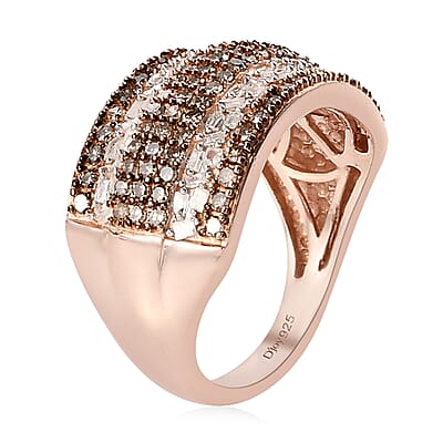 Natural Champagne and White Diamond Band Ring in Vermeil Rose Gold Over Sterling Silver (Size 10.0) 1.00 ctw