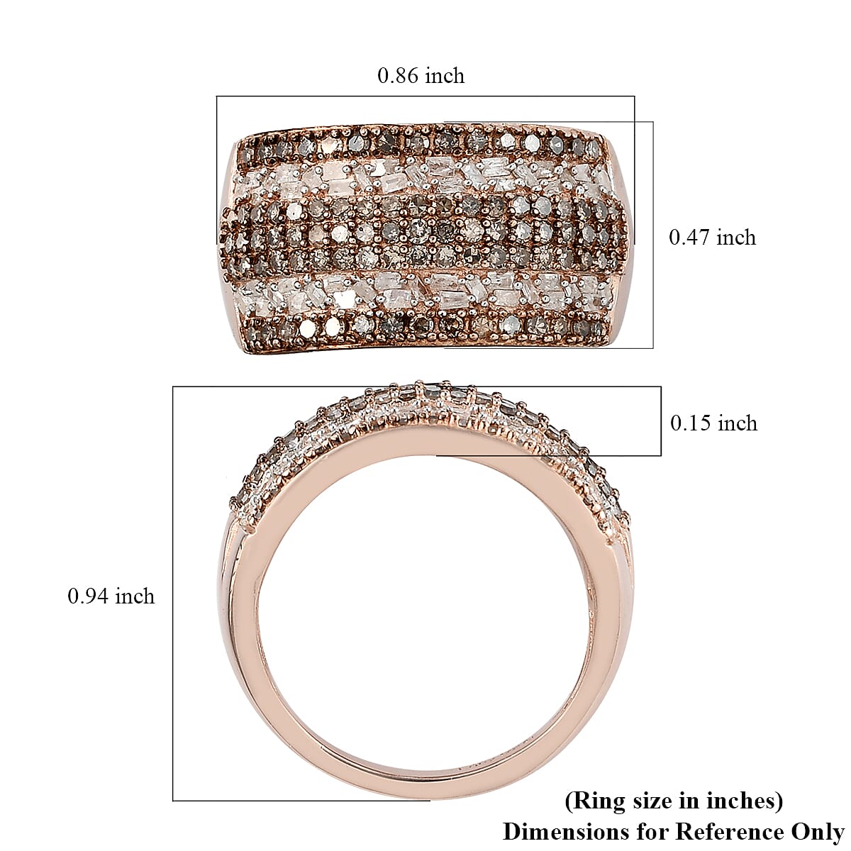 Natural Champagne and White Diamond Band Ring in Vermeil Rose Gold Over Sterling Silver (Size 10.0) 1.00 ctw