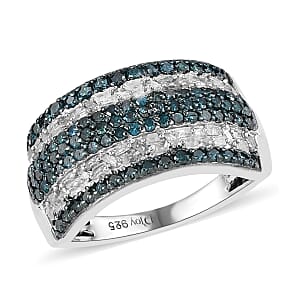 Blue Diamond and Diamond Band Ring in Rhodium and Platinum Over Sterling Silver (Size 8.0) 1.00 ctw