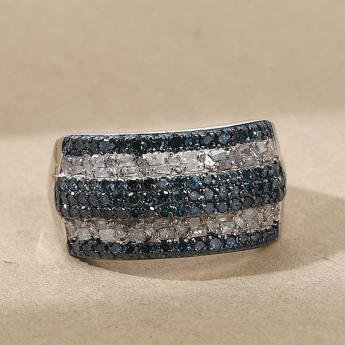 Blue Diamond and Diamond Band Ring in Rhodium and Platinum Over Sterling Silver (Size 8.0) 1.00 ctw image number 1