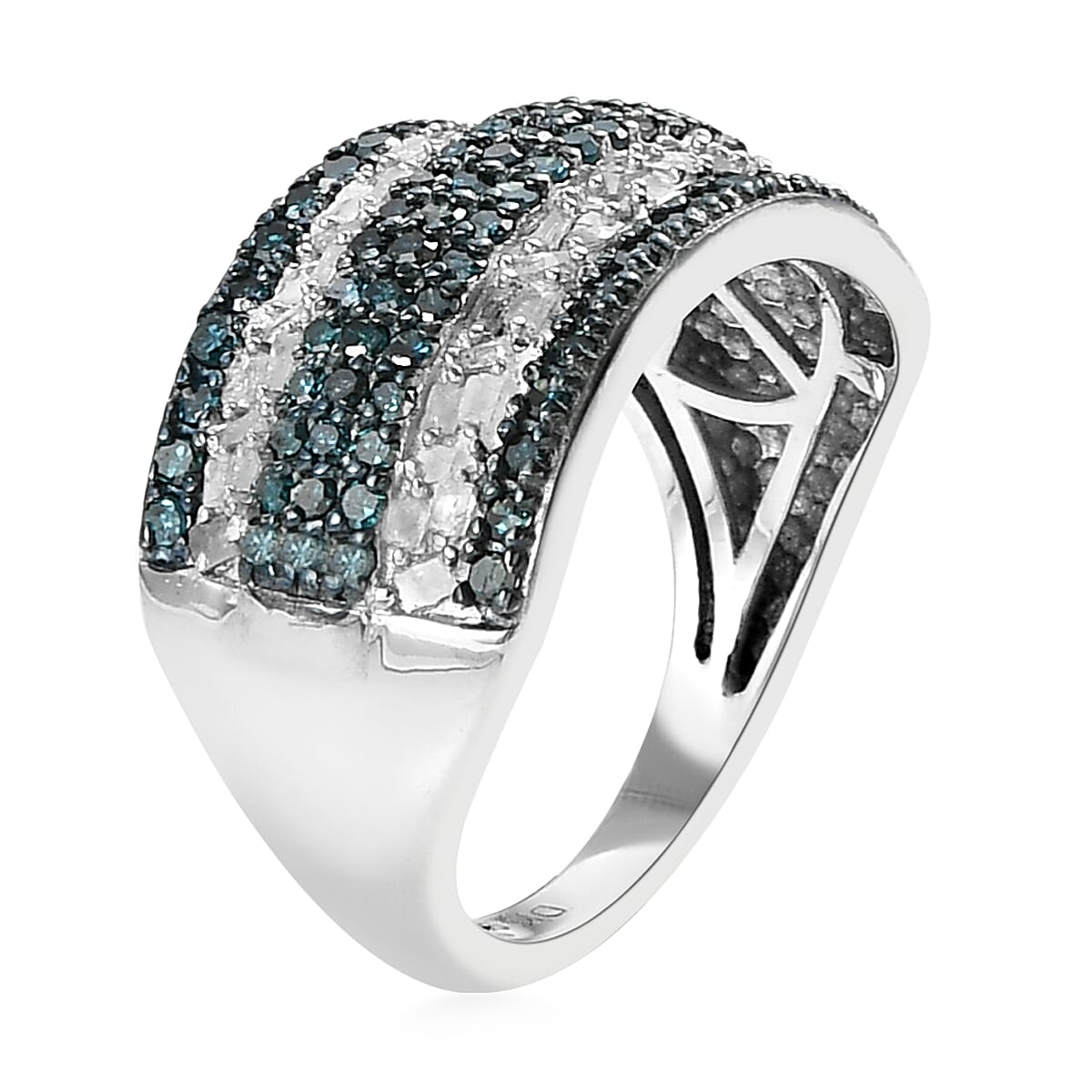 Blue Diamond and Diamond Band Ring in Rhodium and Platinum Over Sterling Silver (Size 8.0) 1.00 ctw image number 3