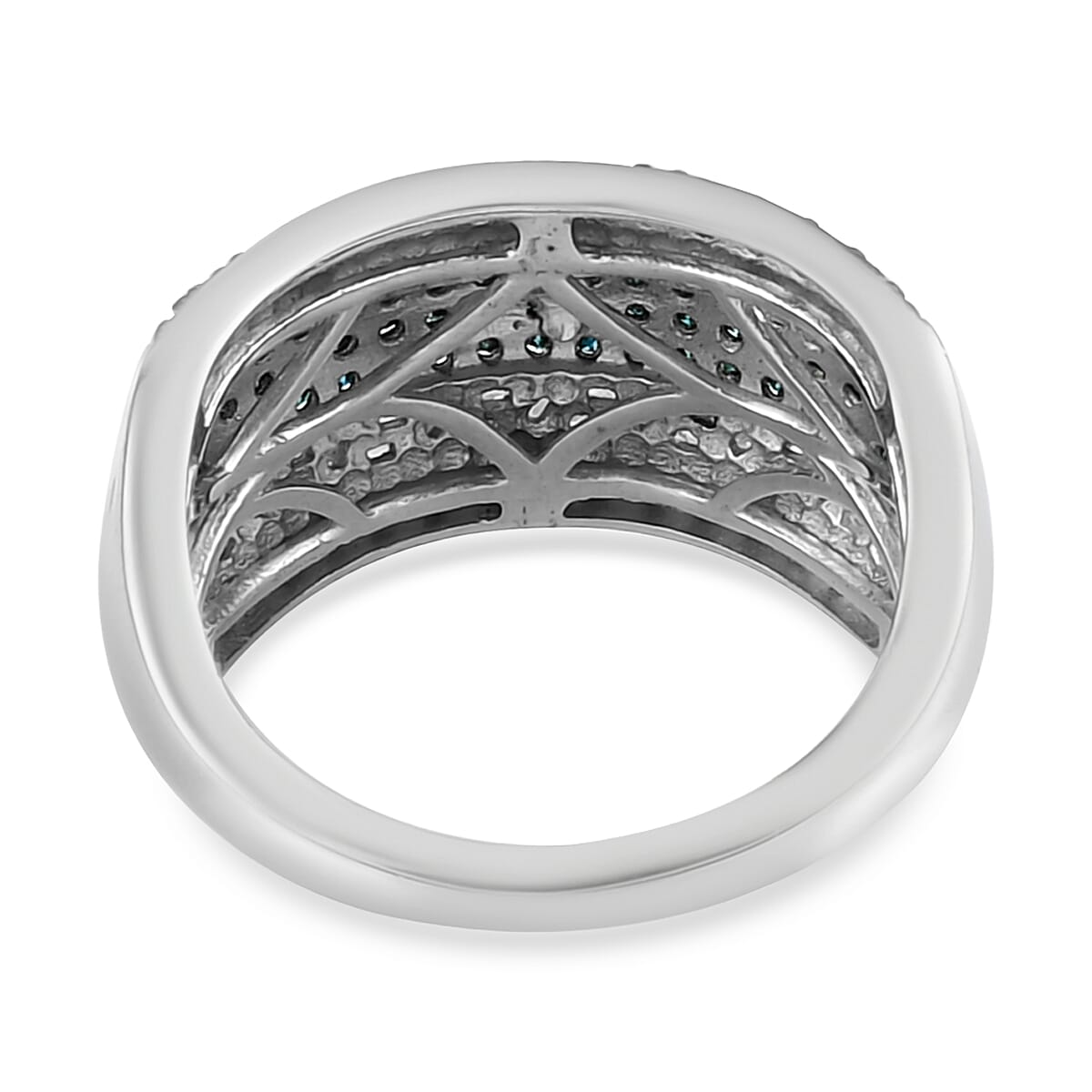 Blue Diamond and Diamond Band Ring in Rhodium and Platinum Over Sterling Silver (Size 8.0) 1.00 ctw image number 4