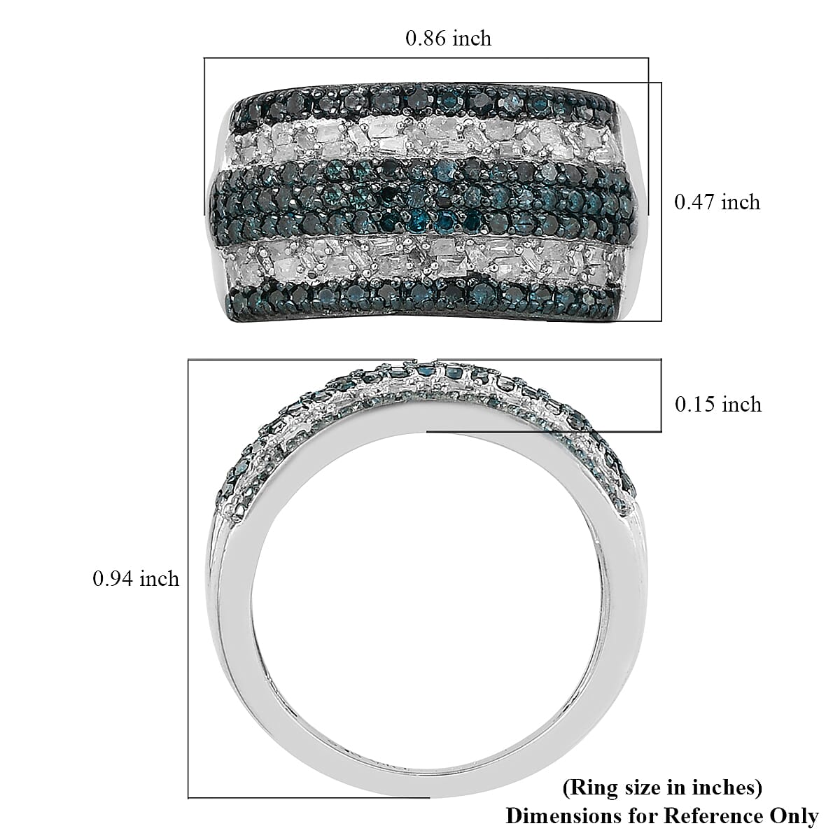 Blue Diamond and Diamond Band Ring in Rhodium and Platinum Over Sterling Silver (Size 8.0) 1.00 ctw image number 5