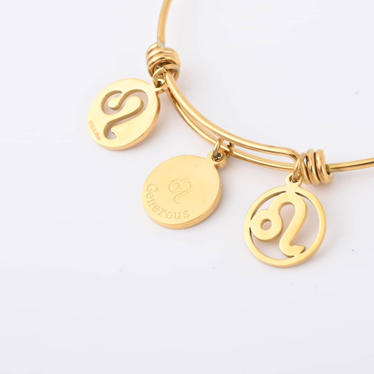 Leo Zodiac Bangle Bracelet in ION Plated Yellow Gold Stainless Steel (6-9 in) image number 3