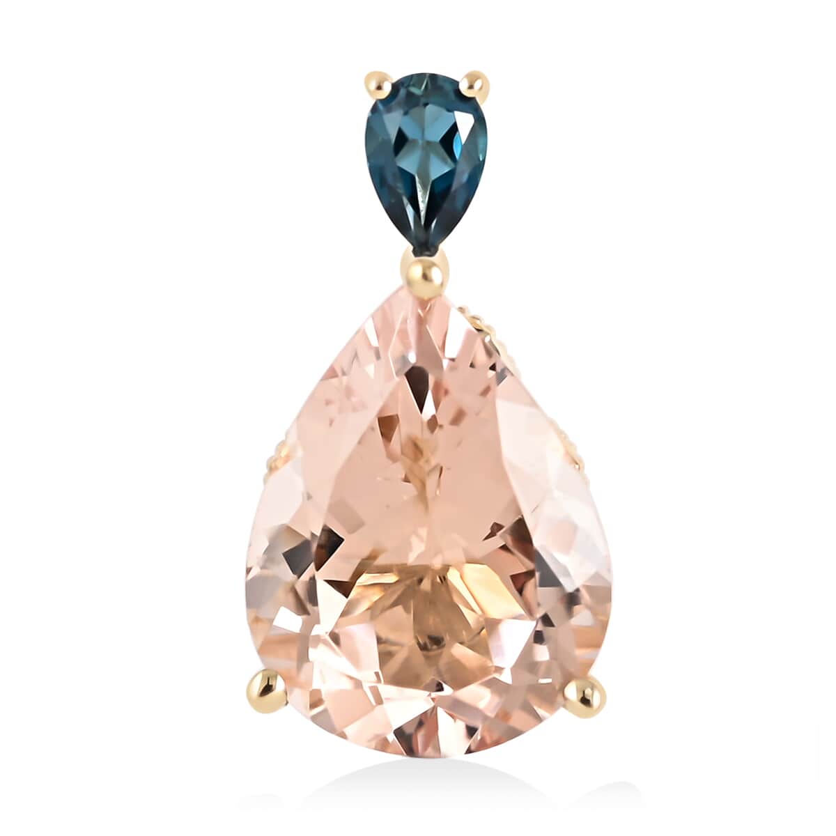 One Of A Kind LUXORO 10K Yellow Gold Marropino Morganite, London Blue Topaz Pear Shaped Drop Statement Pendant 2 Grams 7.90 ctw image number 0