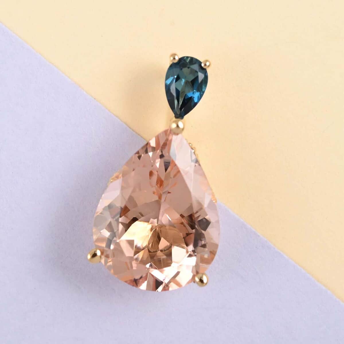 One Of A Kind LUXORO 10K Yellow Gold Marropino Morganite, London Blue Topaz Pear Shaped Drop Statement Pendant 2 Grams 7.90 ctw image number 1