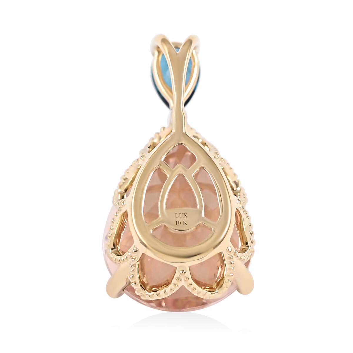 One Of A Kind LUXORO 10K Yellow Gold Marropino Morganite, London Blue Topaz Pear Shaped Drop Statement Pendant 2 Grams 7.90 ctw image number 3
