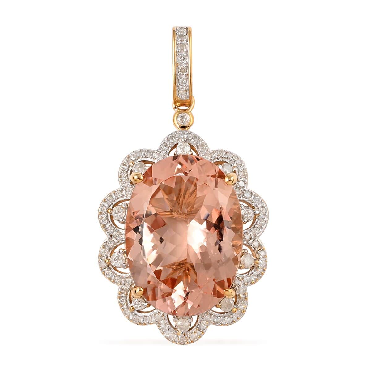 Luxoro 10K Yellow Gold Marropino Morganite and G-H I3 Diamond Floral Statement Pendant 6.35 Grams 22.15 ctw image number 0