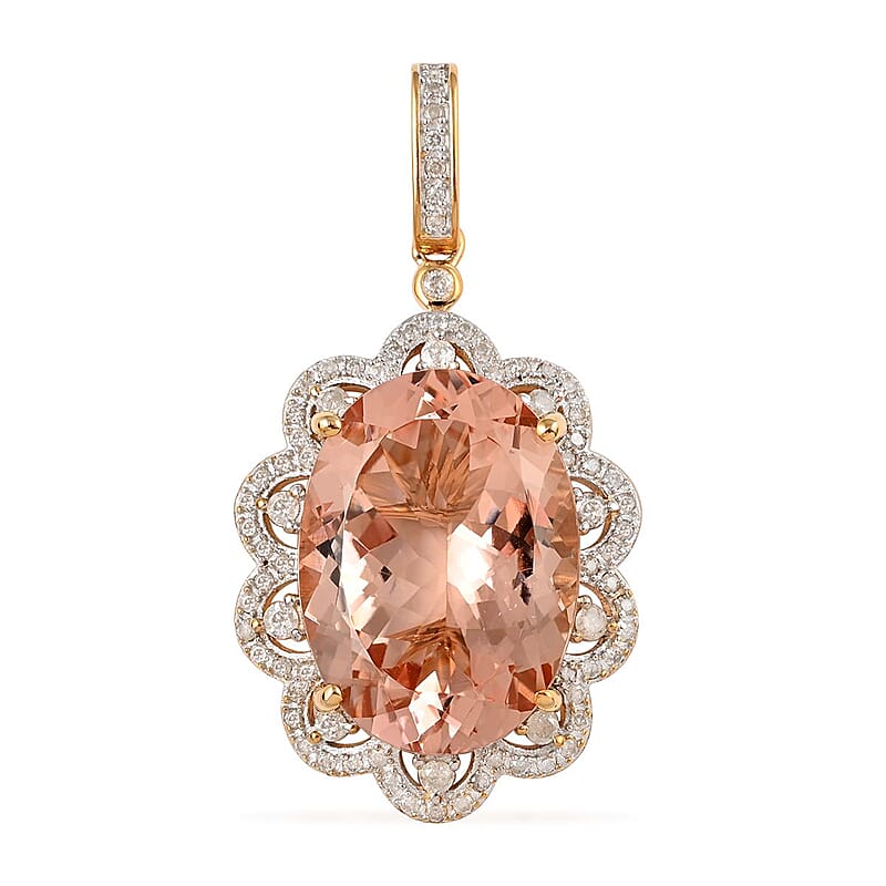 Luxoro 10K Yellow Gold Marropino Morganite and G-H I3 Diamond Floral Statement Pendant 6.35 Grams 22.15 ctw
