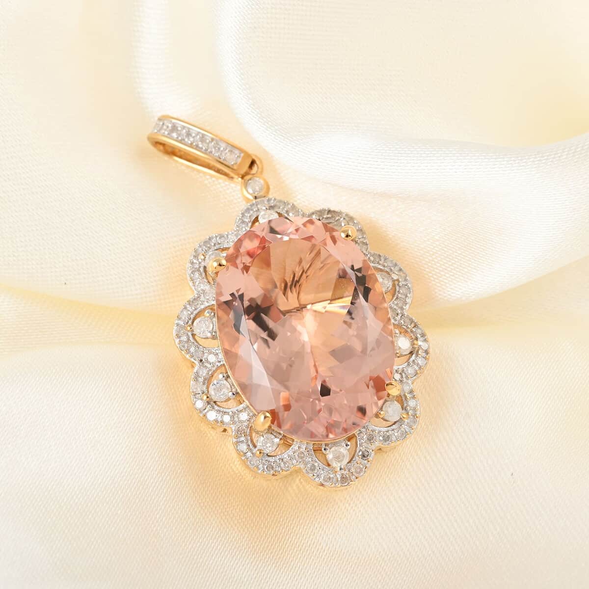 Luxoro 10K Yellow Gold Marropino Morganite and G-H I3 Diamond Floral Statement Pendant 6.35 Grams 22.15 ctw image number 1