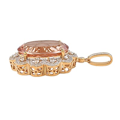 Luxoro 10K Yellow Gold Marropino Morganite and G-H I3 Diamond Floral Statement Pendant 6.35 Grams 22.15 ctw