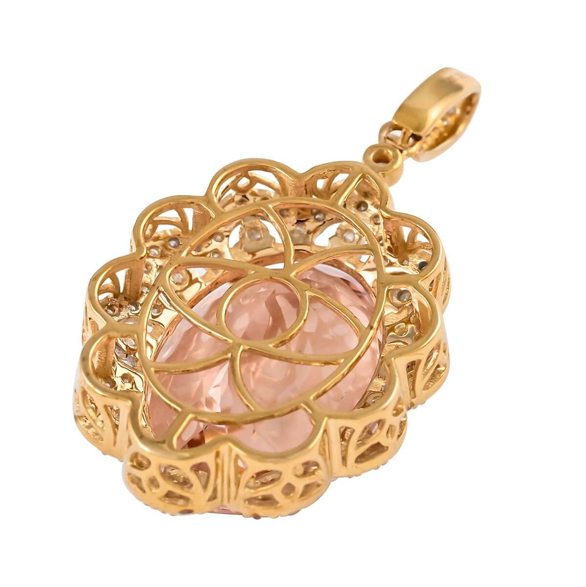 Luxoro 10K Yellow Gold Marropino Morganite and G-H I3 Diamond Floral Statement Pendant 6.35 Grams 22.15 ctw image number 4