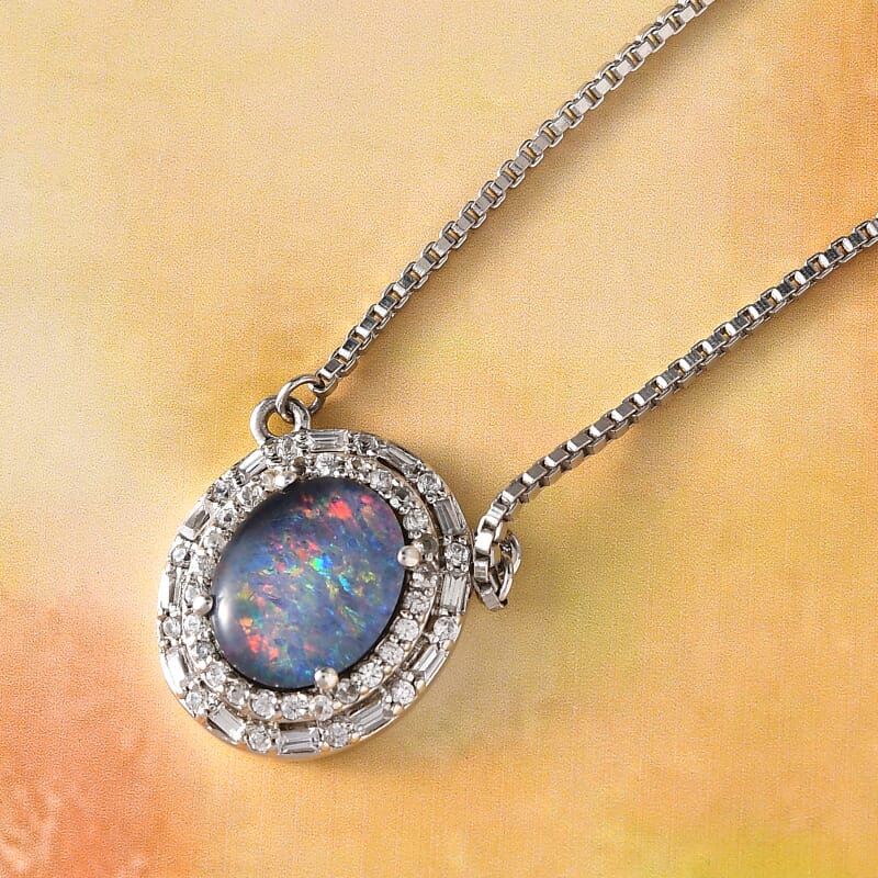 Premium Elysian Opal (Triplet) and White Zircon 2.20 ctw Necklace in Platinum Over Sterling Silver 19 Inches