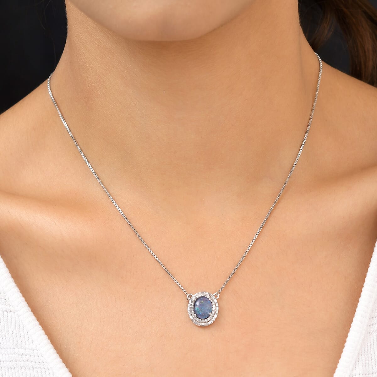 Premium Boulder Opal Triplet and White Zircon 2.20 ctw Necklace in Platinum Over Sterling Silver 19 Inches image number 2
