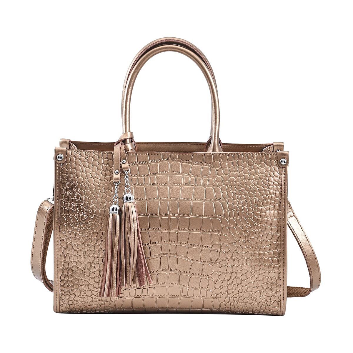 TLV Metallic Brown Crocodile Pattern Genuine Leather Convertible Tote Bag (13.38"x5.51"x9.84") image number 0