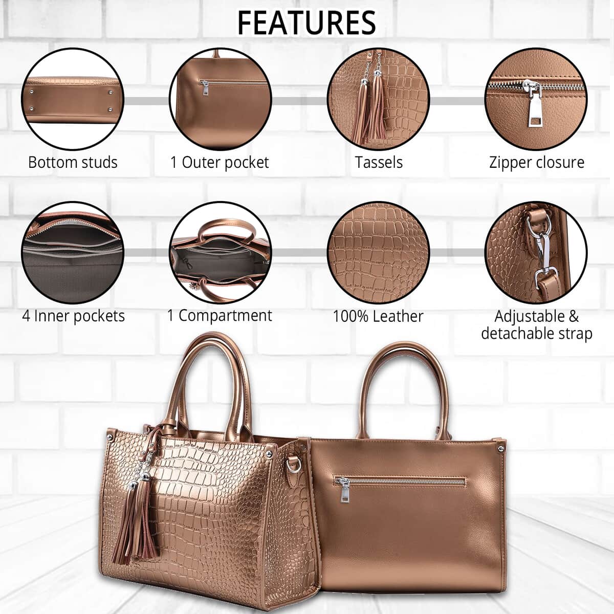 TLV Metallic Brown Crocodile Pattern Genuine Leather Convertible Tote Bag (13.38"x5.51"x9.84") image number 2