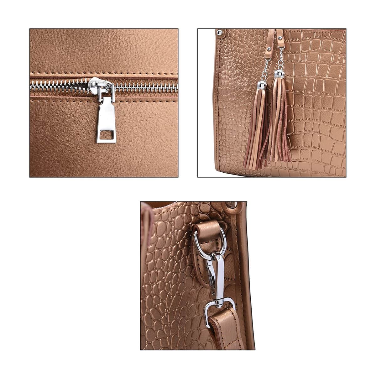 TLV Metallic Brown Crocodile Pattern Genuine Leather Convertible Tote Bag (13.38"x5.51"x9.84") image number 4