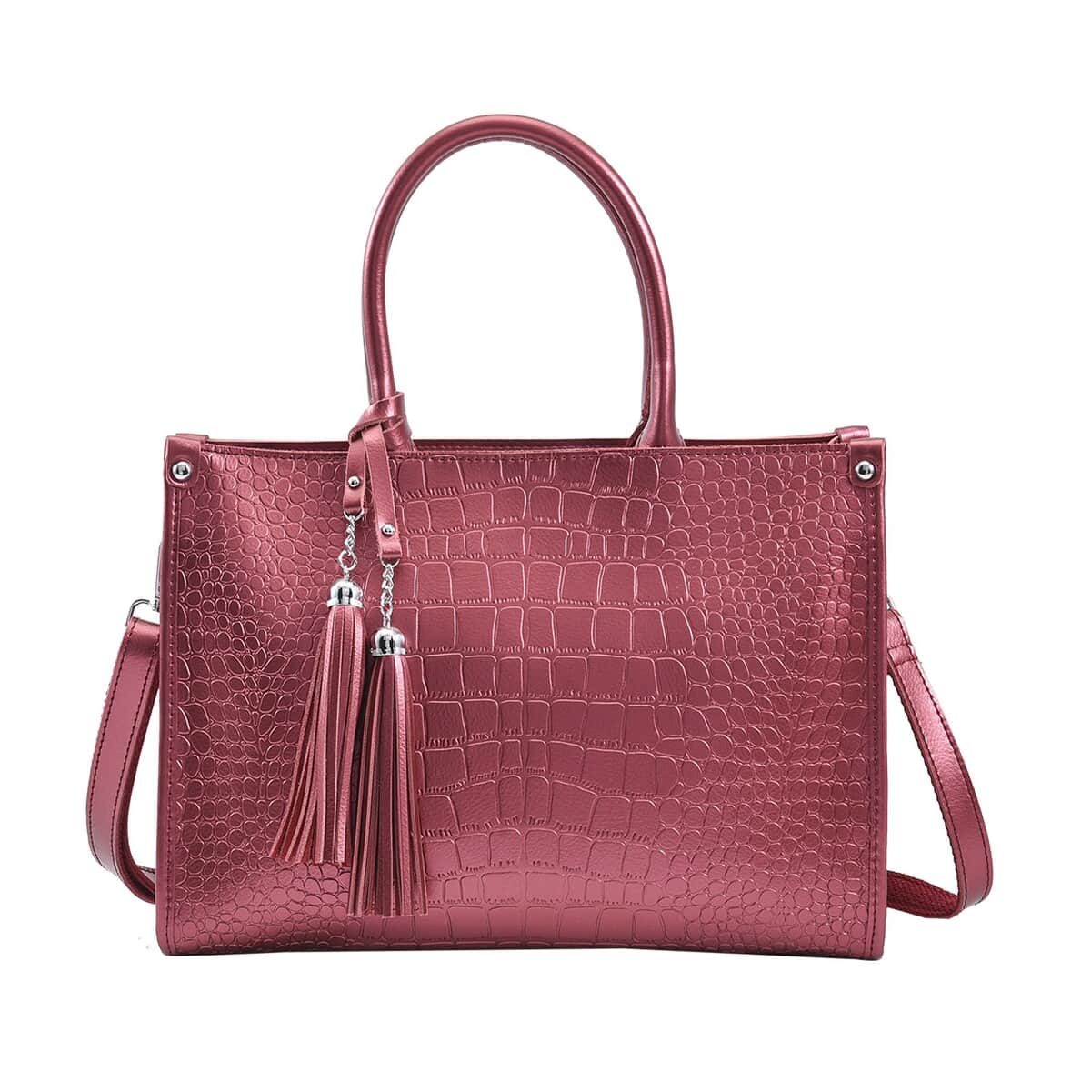 Metallic Red Crocodile Pattern Genuine Leather Convertible Tote Bag image number 0