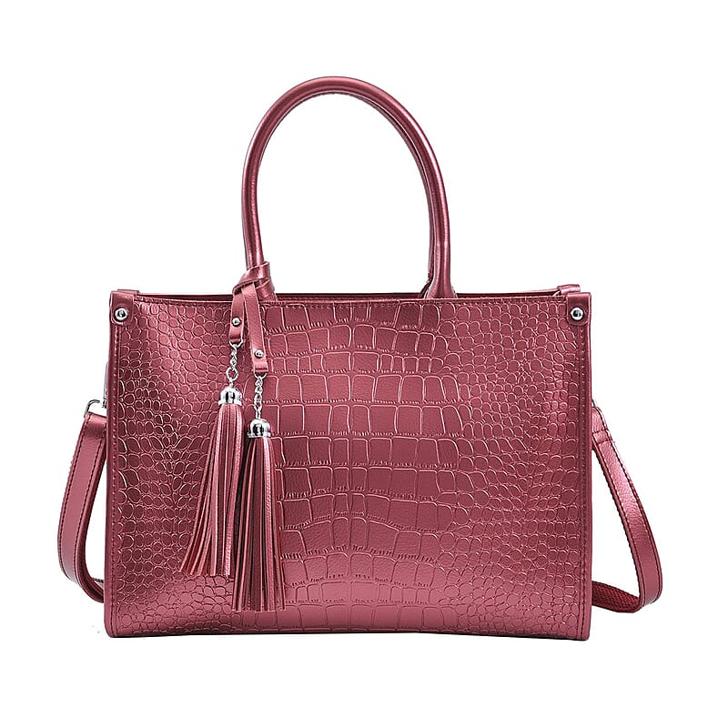 Metallic Red Crocodile Pattern Genuine Leather Convertible Tote Bag