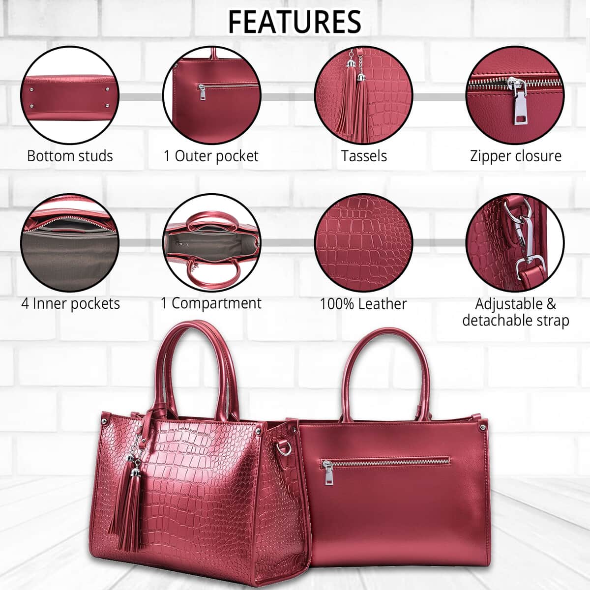 Metallic Red Crocodile Pattern Genuine Leather Convertible Tote Bag image number 2