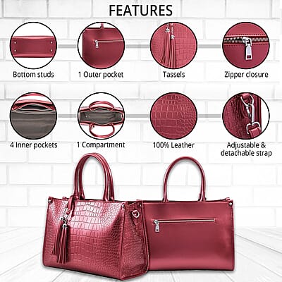Metallic Red Crocodile Pattern Genuine Leather Convertible Tote Bag