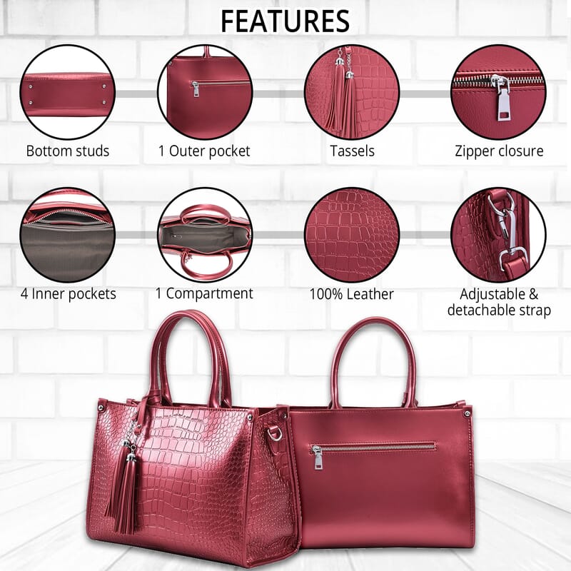 Metallic Red Crocodile Pattern Genuine Leather Convertible Tote Bag