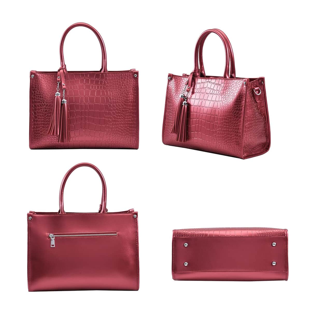 Metallic Red Crocodile Pattern Genuine Leather Convertible Tote Bag image number 3