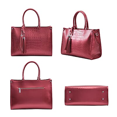 Metallic Red Crocodile Pattern Genuine Leather Convertible Tote Bag