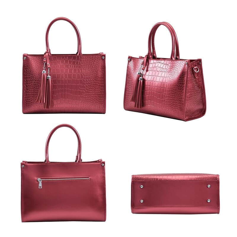 Metallic Red Crocodile Pattern Genuine Leather Convertible Tote Bag