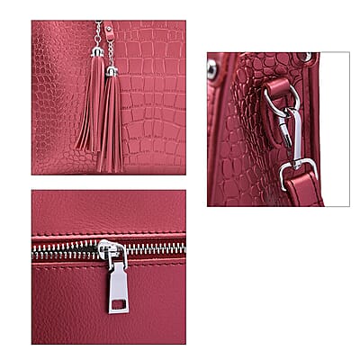 Metallic Red Crocodile Pattern Genuine Leather Convertible Tote Bag