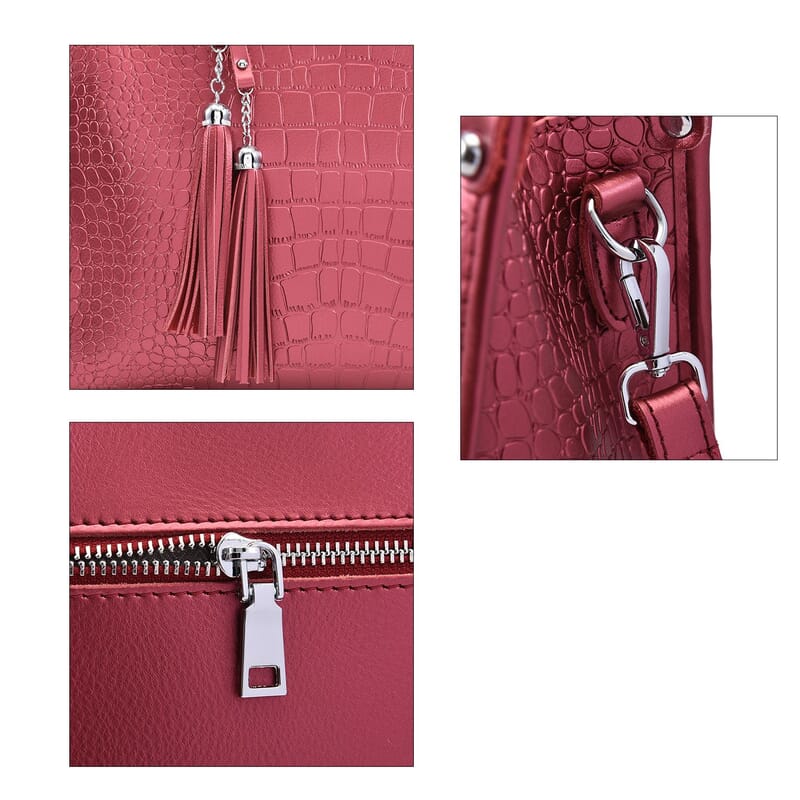 Metallic Red Crocodile Pattern Genuine Leather Convertible Tote Bag