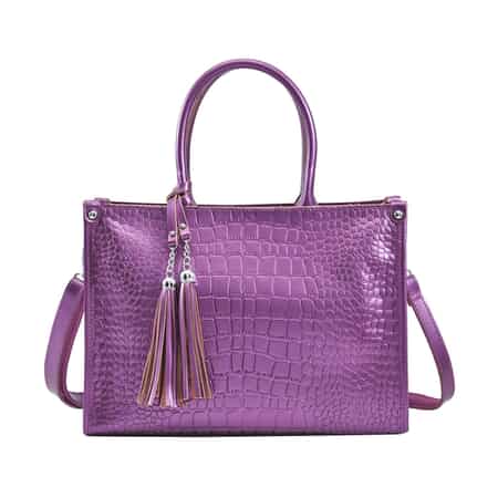 Metallic Purple Crocodile Pattern Genuine Leather Convertible Tote Bag image number 0