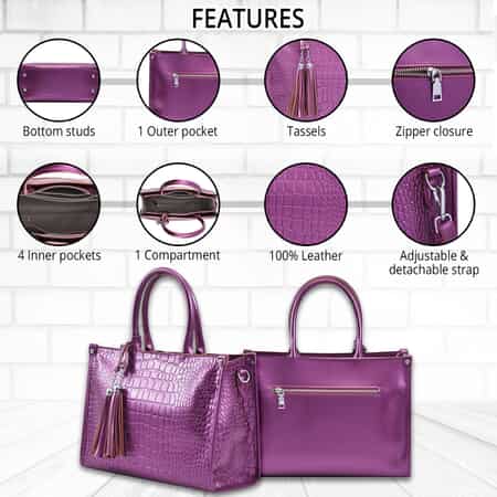 Metallic Purple Crocodile Pattern Genuine Leather Convertible Tote Bag image number 2