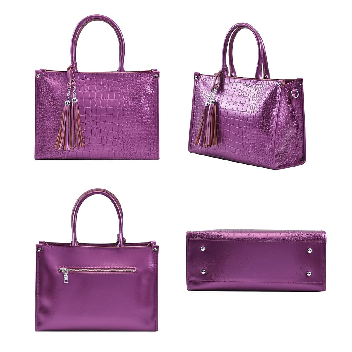 Metallic Purple Crocodile Pattern Genuine Leather Convertible Tote Bag image number 3