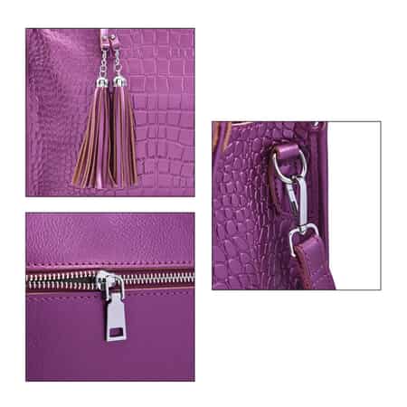 Metallic Purple Crocodile Pattern Genuine Leather Convertible Tote Bag image number 5