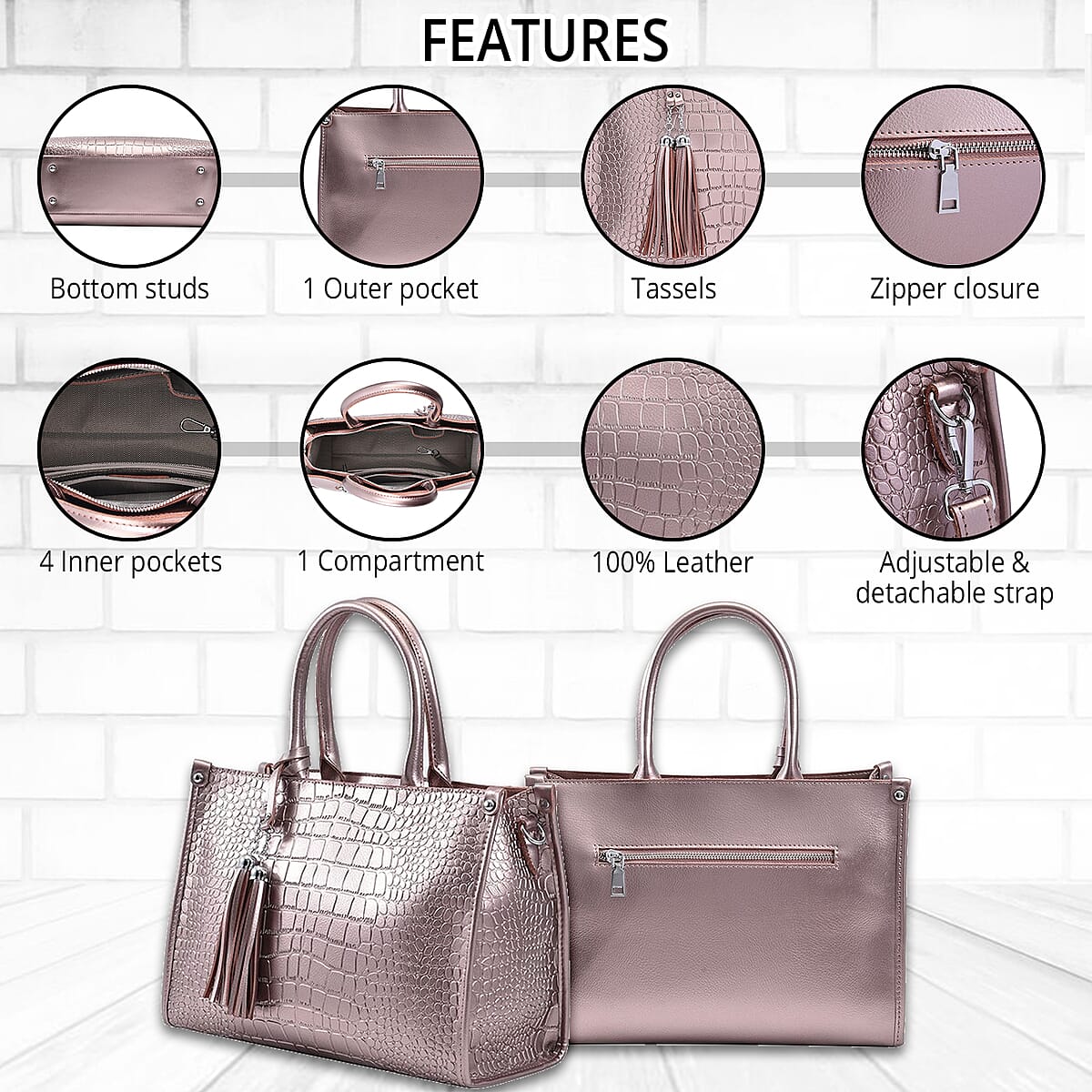 Metallic Rose Silver Crocodile Pattern Genuine Leather Convertible Tote Bag image number 2