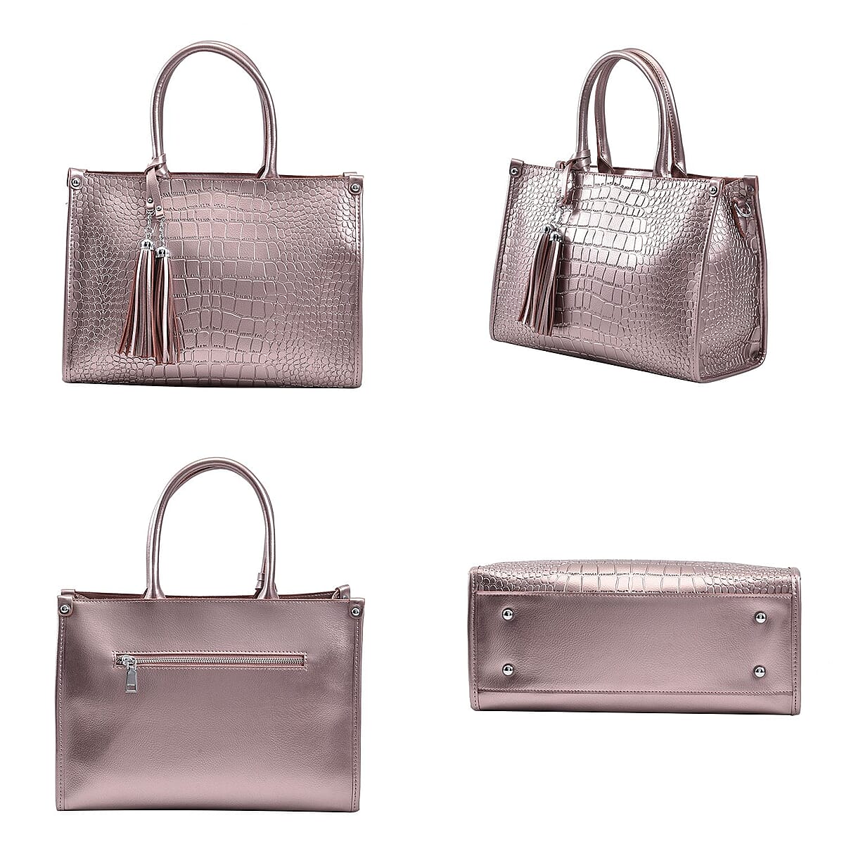 Metallic Rose Silver Crocodile Pattern Genuine Leather Convertible Tote Bag image number 3