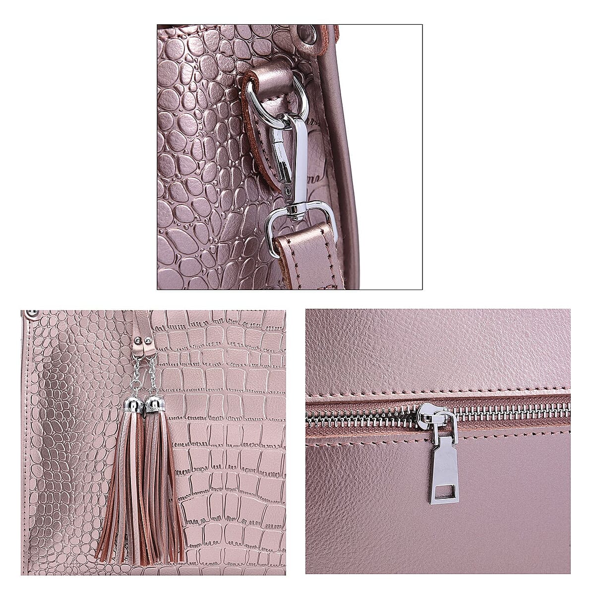 Metallic Rose Silver Crocodile Pattern Genuine Leather Convertible Tote Bag image number 4