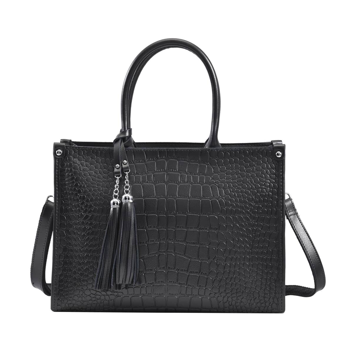 Metallic Black Crocodile Pattern Genuine Leather Convertible Tote Bag image number 0