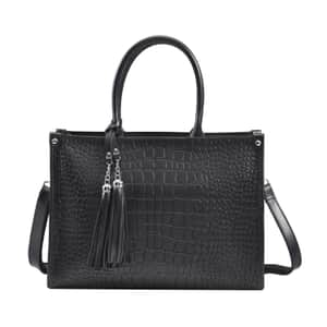 Metallic Black Crocodile Pattern Genuine Leather Convertible Tote Bag