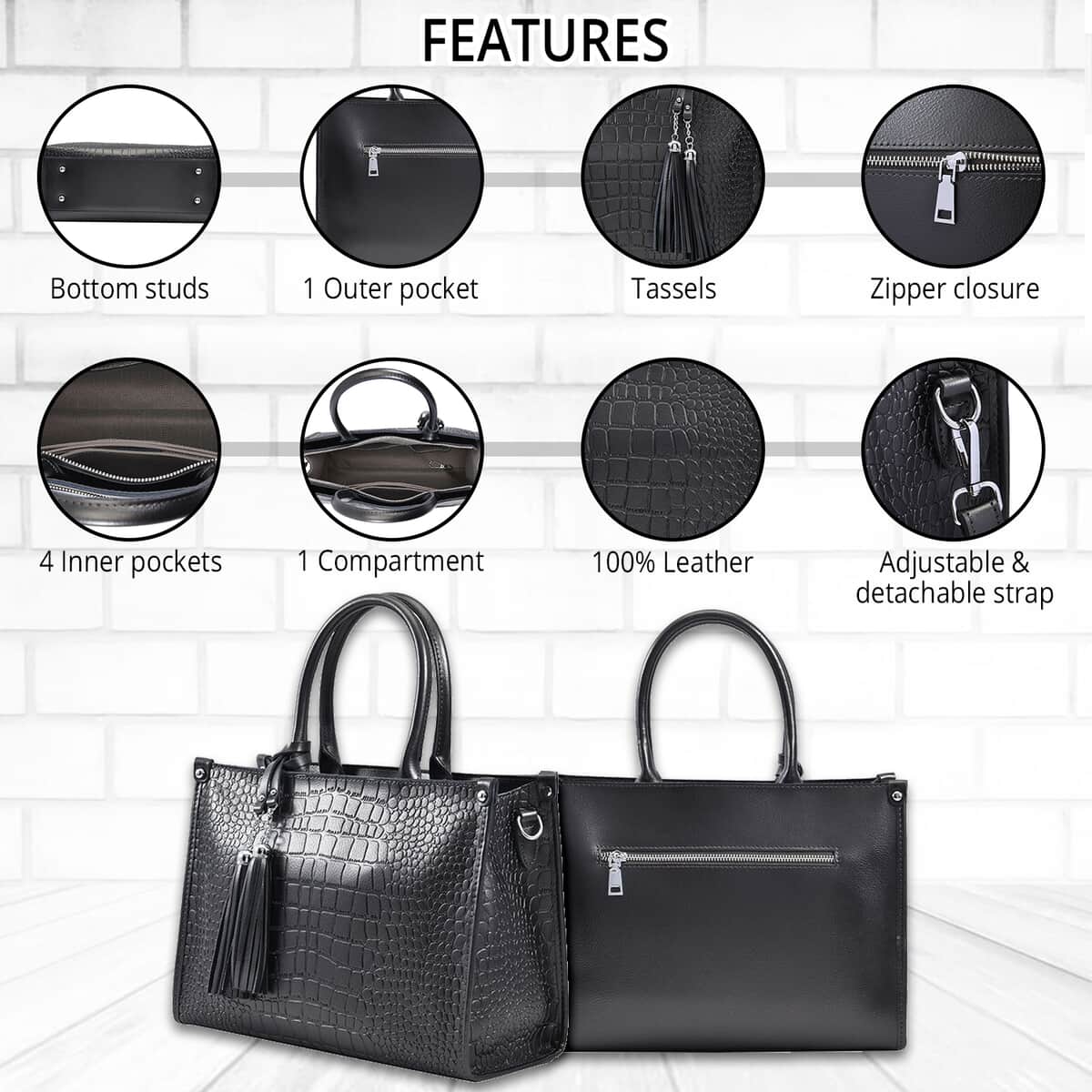 Metallic Black Crocodile Pattern Genuine Leather Convertible Tote Bag image number 2